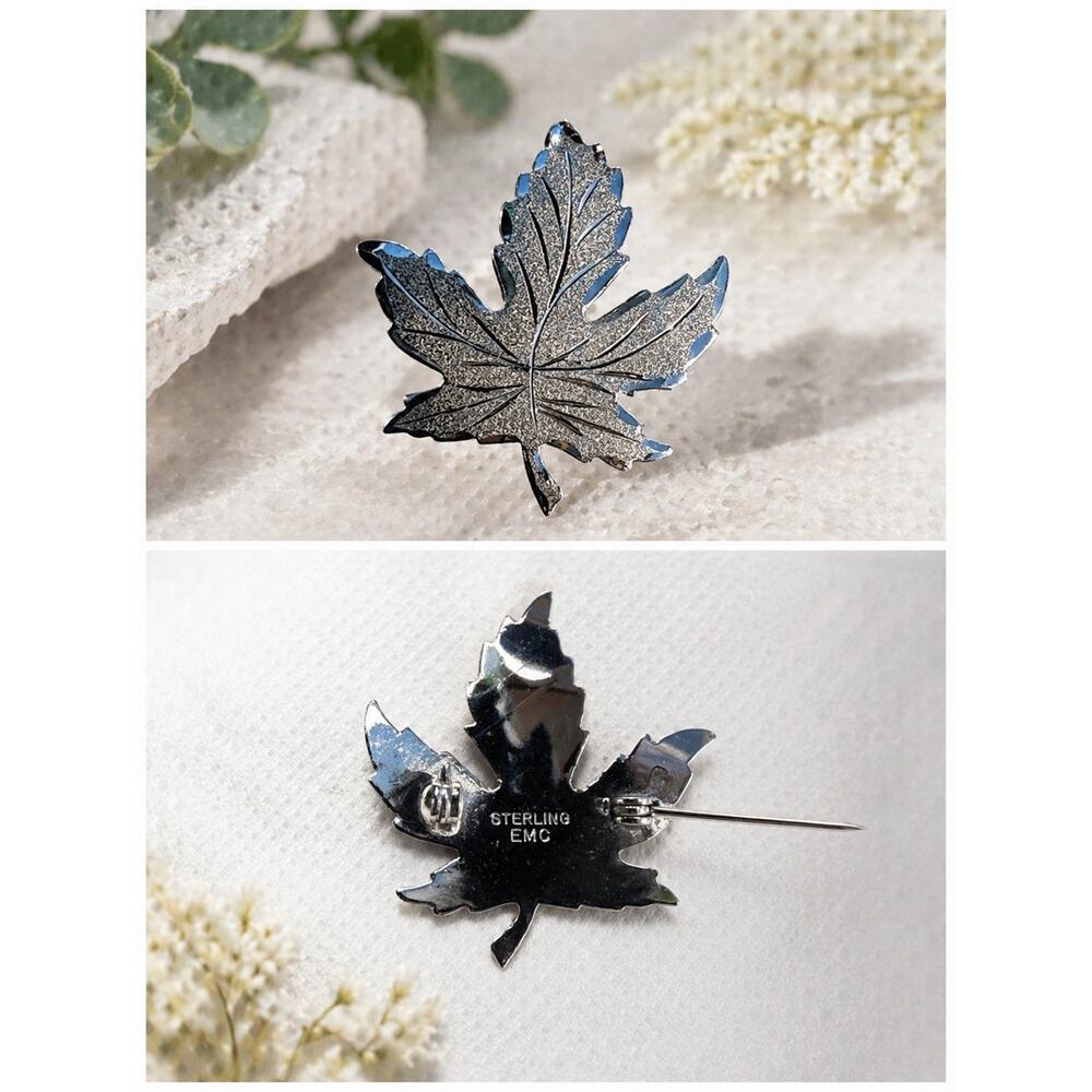 Vintage Canadian Sterling Silver Maple Leaf Brooch Pin Signed EMC Mid Century